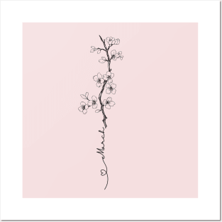 Minimalist  Line Art Cherry Blossom March Birth Flower Posters and Art